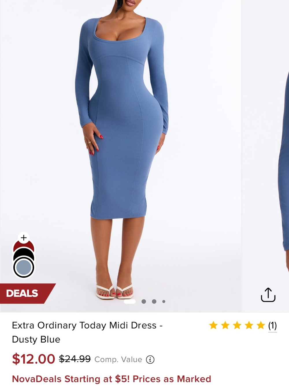 Dusty Blue Long-Sleeve Scoop Neck Midi Dress .
